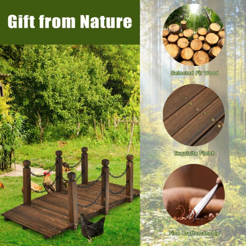 Hivvago 5 Feet Wooden Garden Bridge Arc Footbridge Stained Finish Walkway with Safety Rails