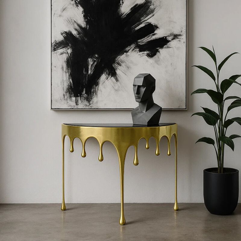 Capri Sofa Console Table | 36.25" Half Moon Glass Top | Melting Drip Design | Aluminum Cast | Antique Gold