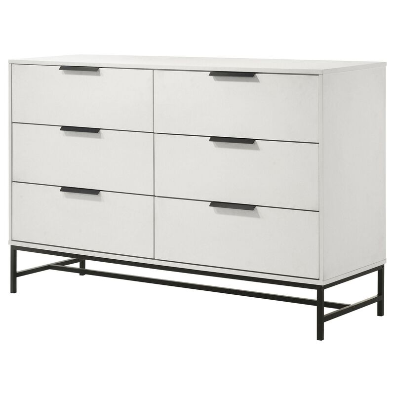 Noro Wide Dresser, 6 Storage Drawers, Modern White, Black Metal Legs - Benzara