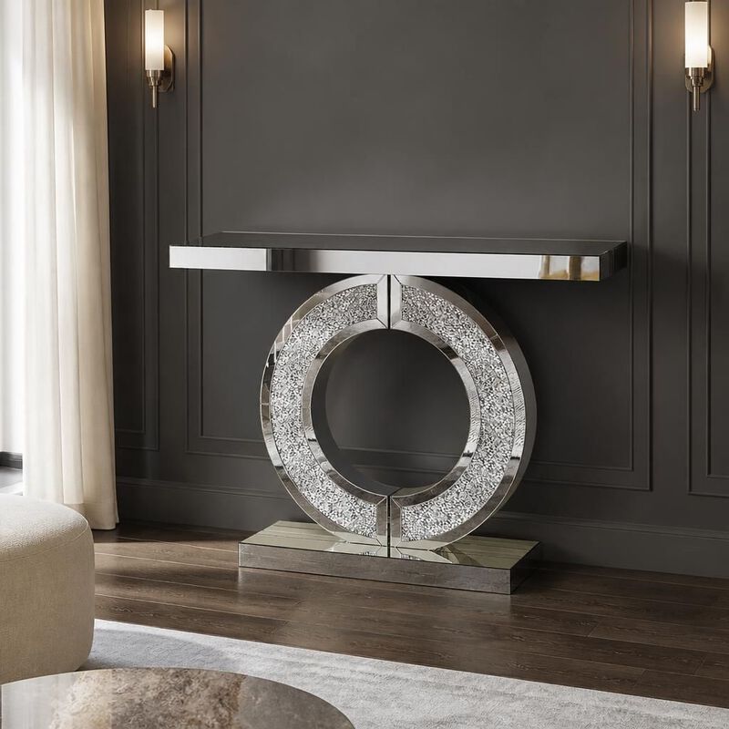 O Shaped Mirrored Console Table Handcrafted Beveled Edge Accent Table image number 3