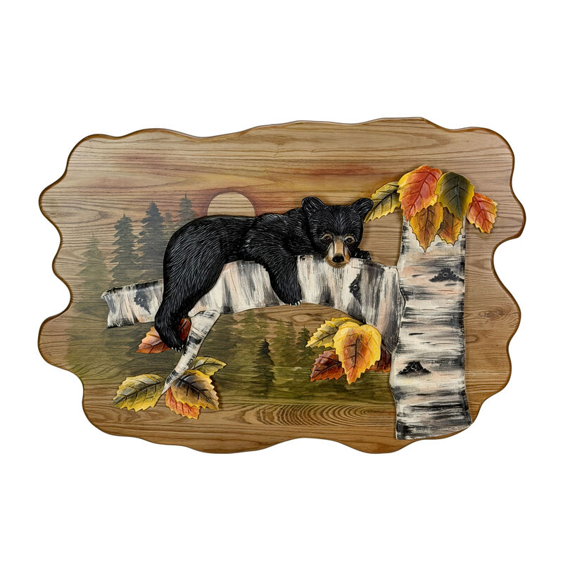 Bear Cub in Birch Forest Wood Wall Sculpture 24x34.5 Glossy Brown Indoor Decor image number 0