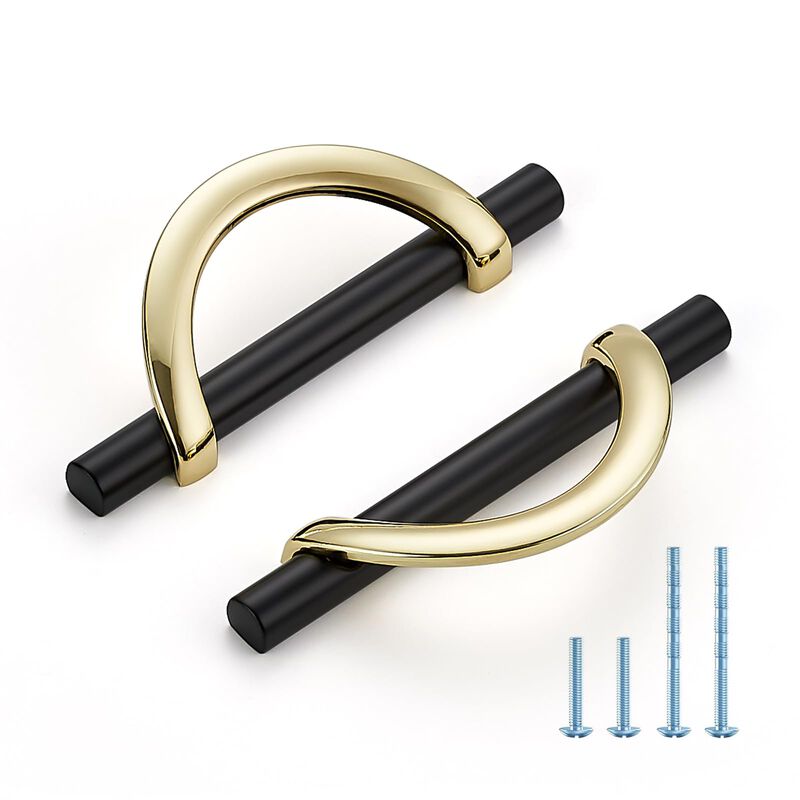 HOME EDIT Gold & Matte Black Cabinet Pulls, 3-3/4 Inch Hole Center, 96 mm, Curved Design Cabinet Handles for Kitchen,Cupboard, D