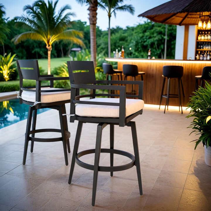Outdoor 2-Piece Aluminum Swivel Bar Chairs, Ergonomic Backrest & Armrests, Tapered Legs, Sunbrella Cushion