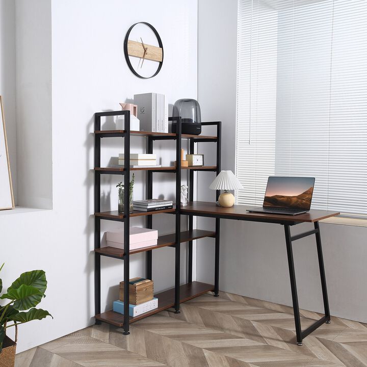 Black/Walnut Study Station: 5-Tier L-Shaped Desk with Display Shelves