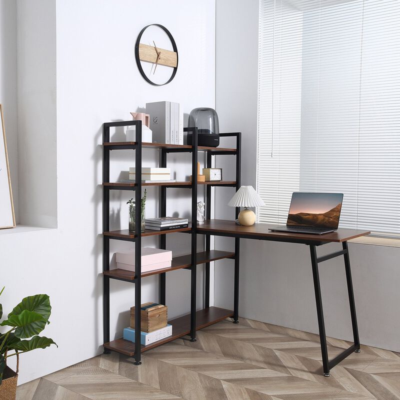 Black/Walnut Study Station: 5-Tier L-Shaped Desk with Display Shelves