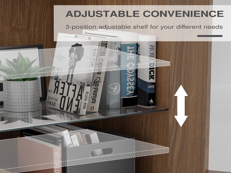 62" High Glass Door Wood Grain Decorative Storage Cabinet Display Cabinet, with Sufficient Space for 12 Shelves