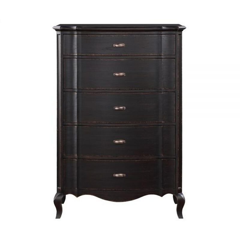 Benjara Cherry 38 Inch Tall Dresser Chest, 5 Drawer, Cabriole Legs Black Rubberwood image number 1