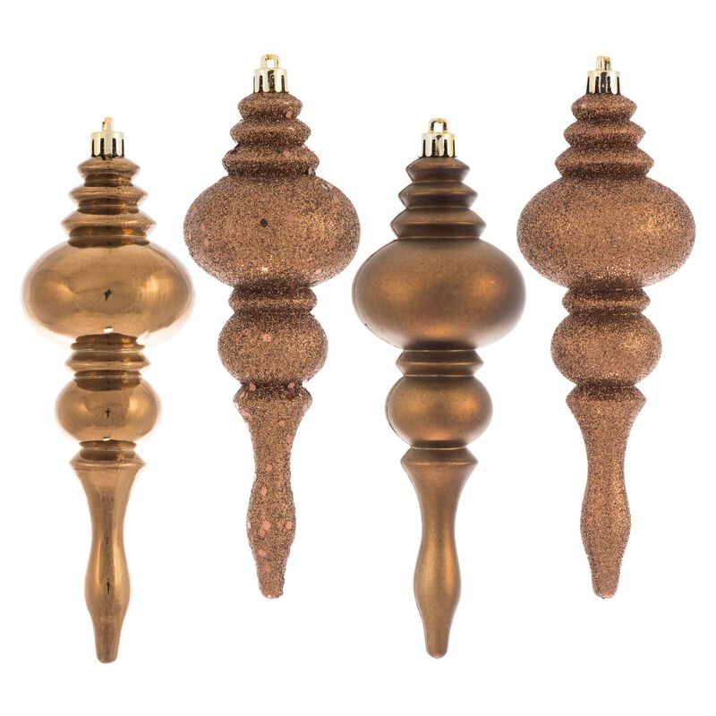 Vickerman 7" 4-Finish Finial Ornament, Shatterproof Plastic Christmas Tree Decoration, 8 Pack, Mocha Shiny, Matte, Glitter and Sequin Finishes image number 0