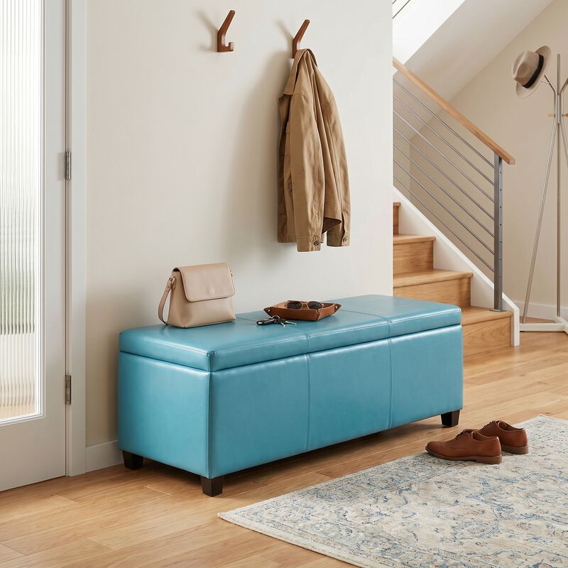 Avalon 48 inch Wide Contemporary Rectangle Storage Ottoman Bench in Soft Blue Vegan Faux Leather, Assembled image number 1