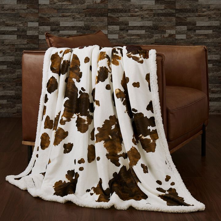 Elsa Cowhide Campfire Brown Sherpa Throw
