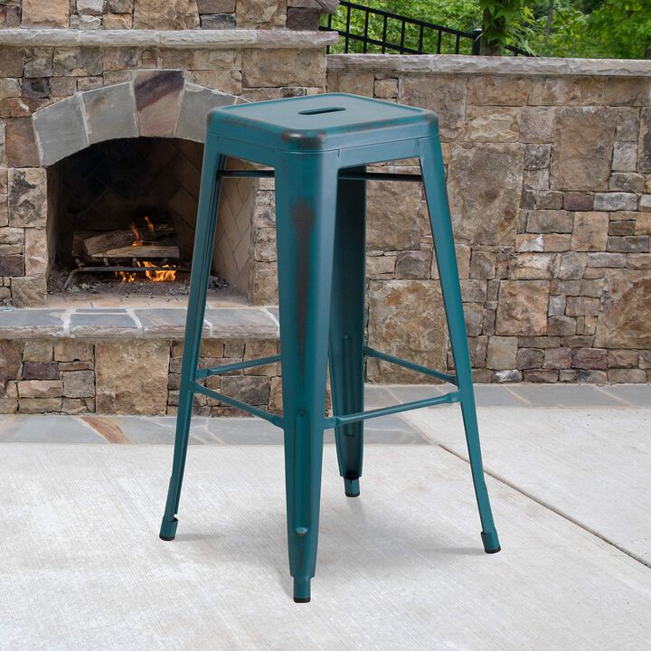 Flash Furniture Kai Commercial Grade 30" High Backless Distressed Kelly Blue-Teal Metal Indoor-Outdoor Barstool