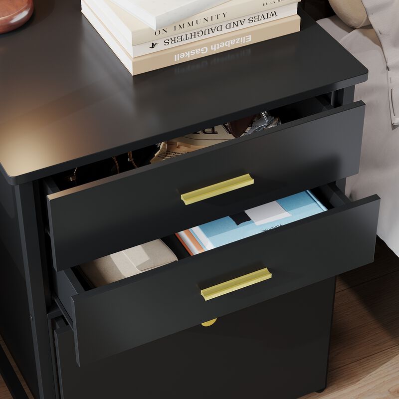 FUFU&GAGA Compact Nightstand, Black Laminate with Gold Handles, (21.7"W x 22.8"D x 27"H), with Pull-out Drawers and Rolling Casters