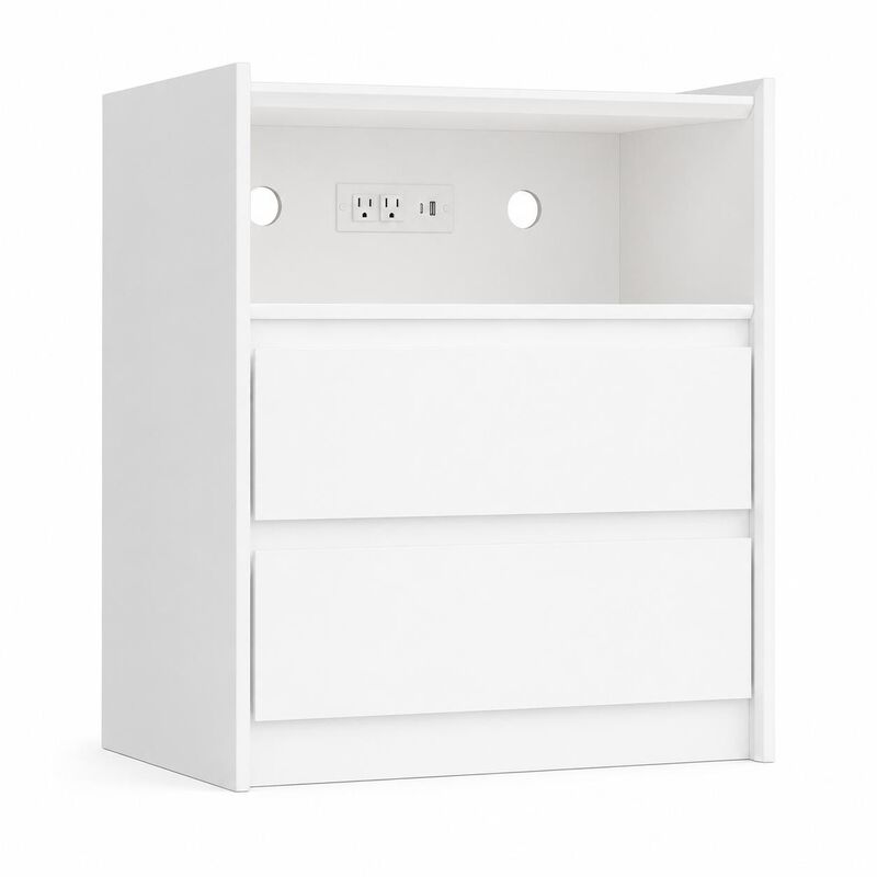 HomeRoots 24" White Wood Two Drawer Nightstand with USB Port and Integrated Tech image number 0