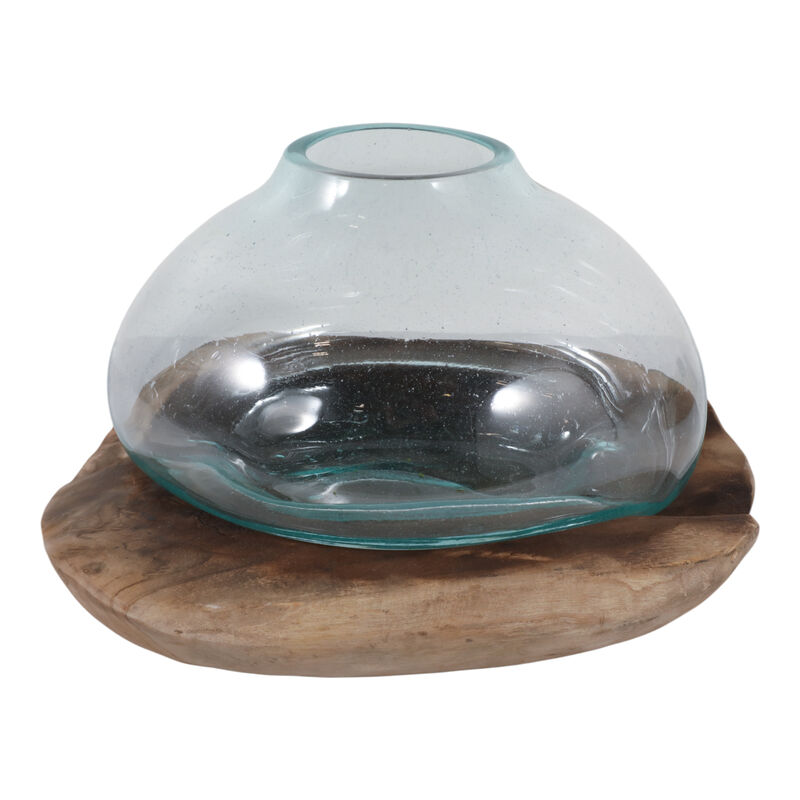 20x12" Glass Vase On Teak Wood, Clear/natural image number 3