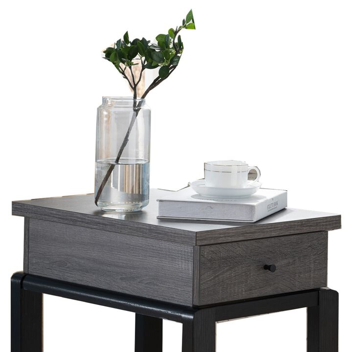 Wooden Chairside Table With Bottom Shelf, Distressed Gray And Black-Benzara
