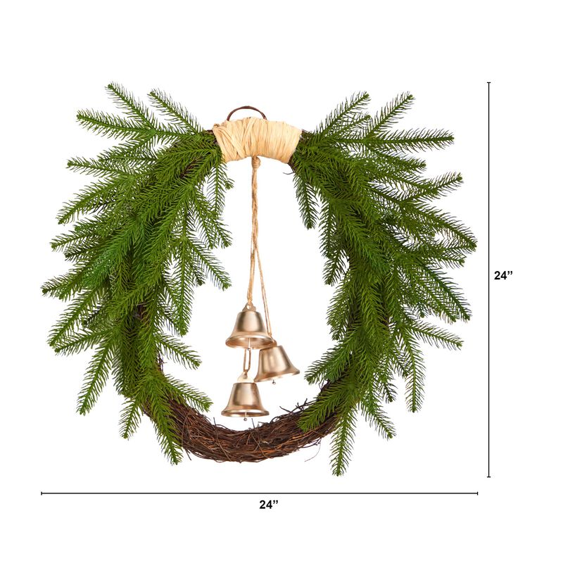 Hivvago 24" Holiday Christmas Pine and Hanging Bells Wreath