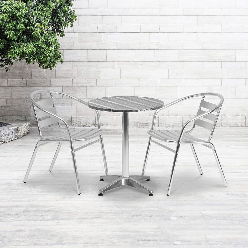Flash Furniture 23.5'' Round Aluminum Indoor-Outdoor Table Set with 2 Slat Back Chairs