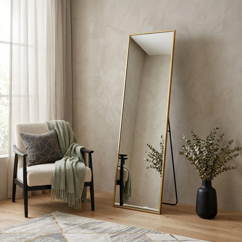 HomeRoots 56" Gold Aluminum Freestanding And Wall Mounted Framed Full Length Mirror image number 1