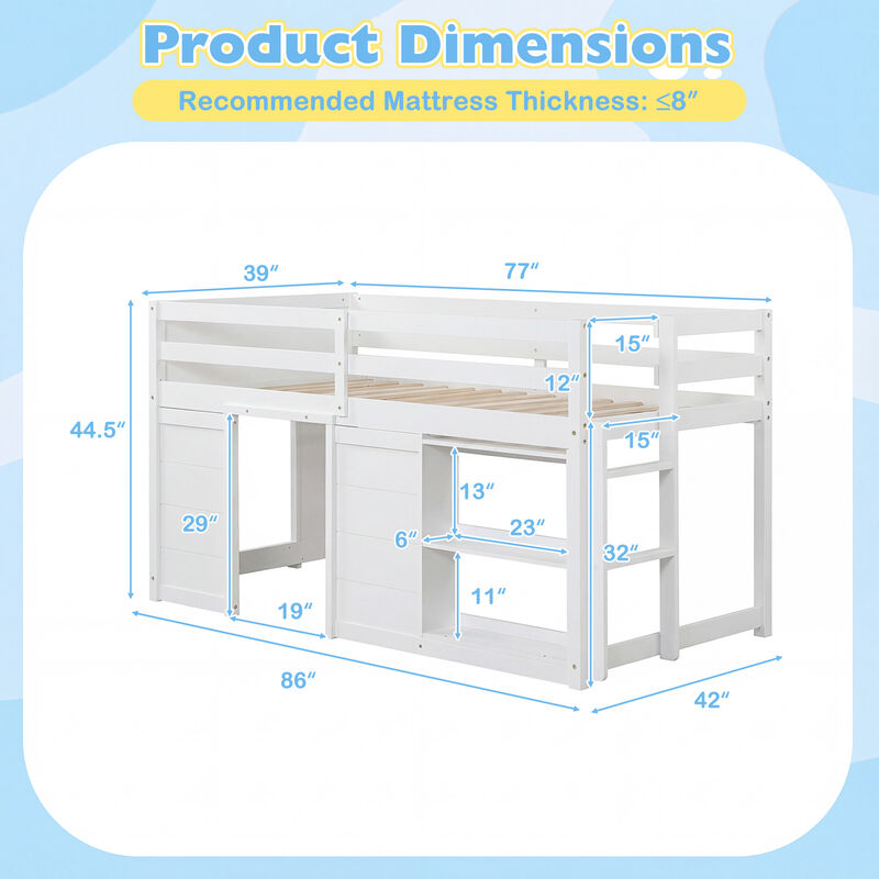 Low Kids Loft Bed with LED Lights and 2 Door Storage Wooden Frame image number 2