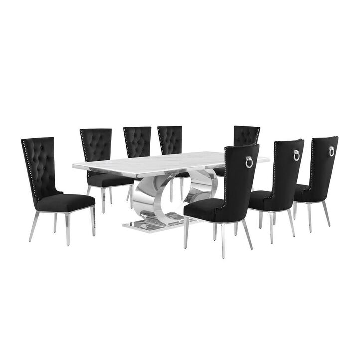 Best Quality Furniture 9pc Large(87) marble top dining set with silver base and  8 Black side chairs
