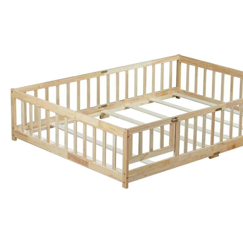 Whisen Full-Size Floor Bed with Safety Enclosure and Door, Rubber Wood Frame with Guardrail Fence image number 7