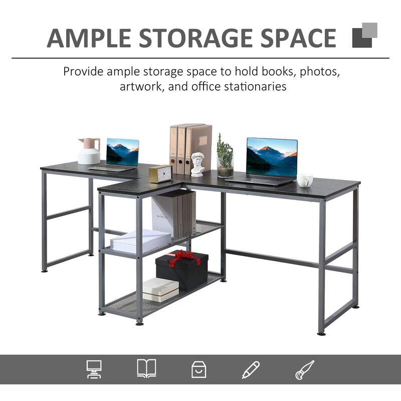 Black Shared Workspace: 83" Two Person Desk with Storage Shelf