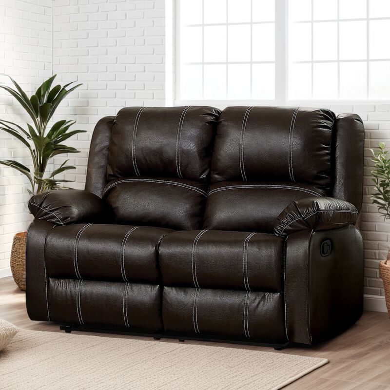 Zuru Motion Manual Recliner Loveseat, Pillow Top, Brown Faux Leather - Benzara