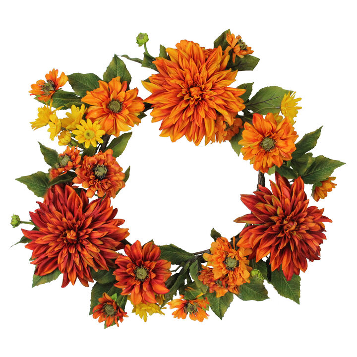 Mums and Daisies Twig Artificial Floral Wreath  Orange 22-Inch