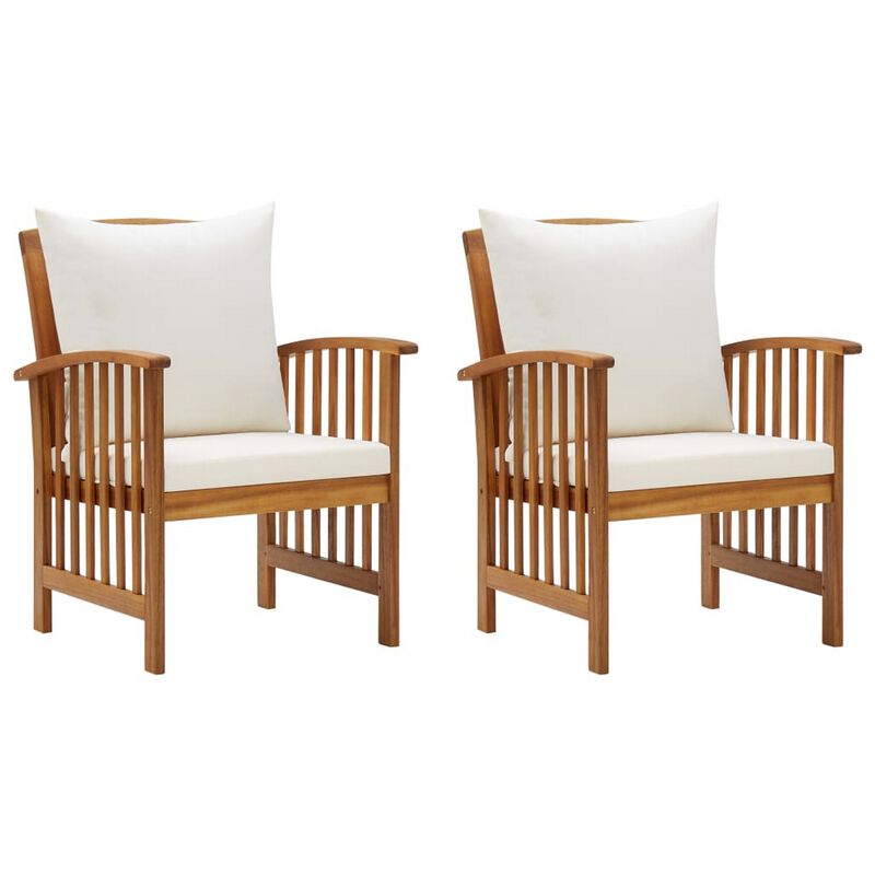 Mia Outdoor Chair Set of 2, White Fabric, Brown Wood, Slatted Design - Benzara