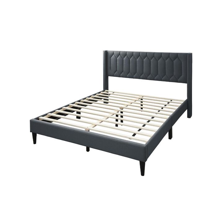 Jeo Queen Size Bed, Geometric Stitched Charcoal Gray Burlap Upholstery - Benzara