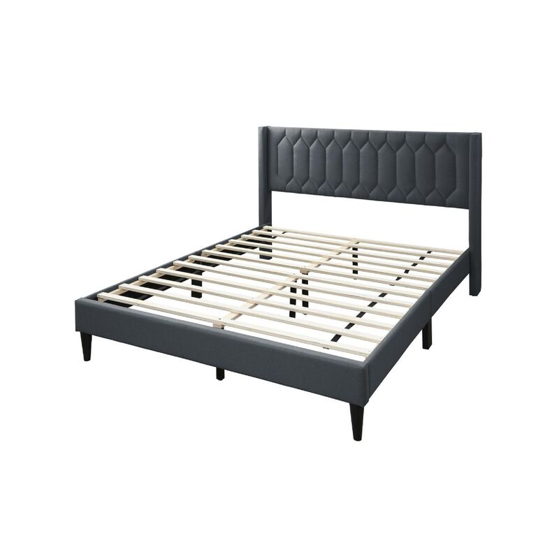 Jeo Queen Size Bed, Geometric Stitched Charcoal Gray Burlap Upholstery - Benzara