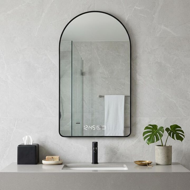 HomeRoots 59" Black Aluminum Arch Lighted Framed Anti Fog Bathroom Vanity Mirror