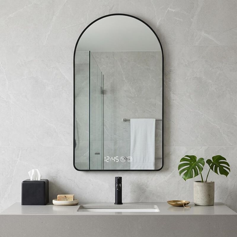 HomeRoots 59" Black Aluminum Arch Lighted Framed Anti Fog Bathroom Vanity Mirror image number 1