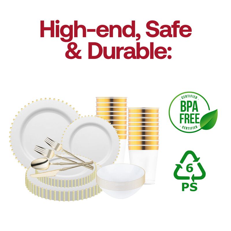 White with Gold Pearl String Round Plastic Tableware Set (120 Sets) image number 6