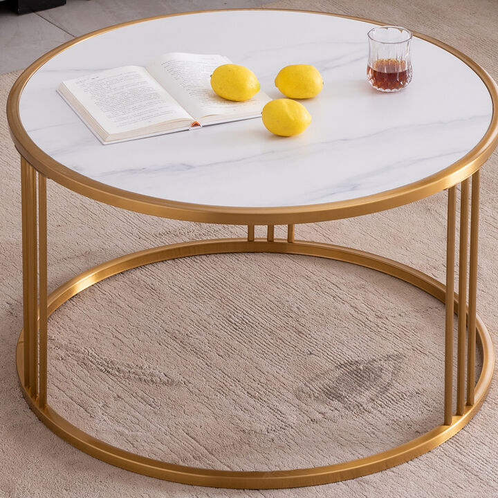 Slate/Sintered stone round coffee table with golden stainless steel frame