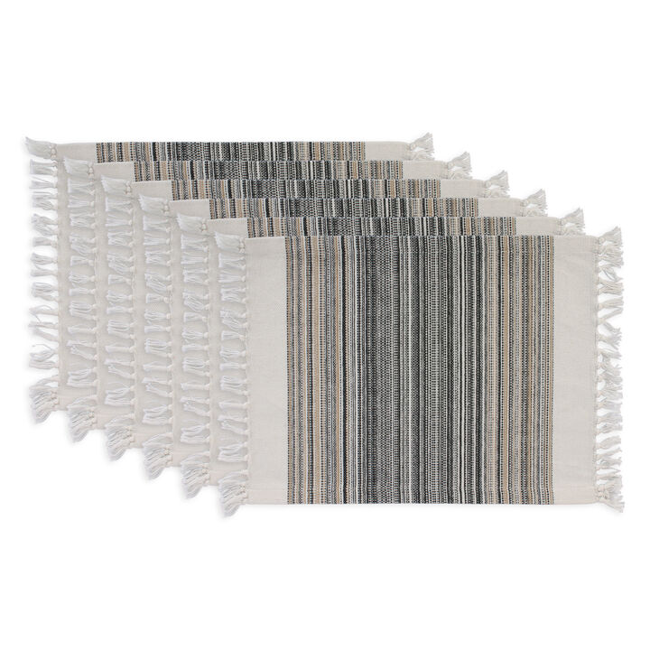 Set of 6 White Black and Beige Rectangular Fringed Placemat 20"