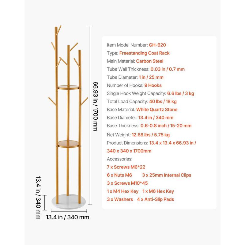 Modern Coat Rack with Quartz Base and Hooks, Freestanding Hall Tree image number 2