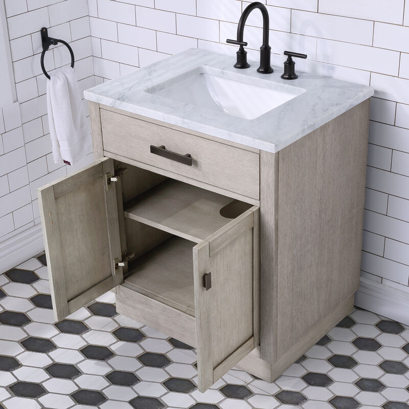 Chestnut 30 In. Single Sink Carrara White Marble Countertop Bath Vanity In Grey Oak with Oil Rubbed Bronze Hardware