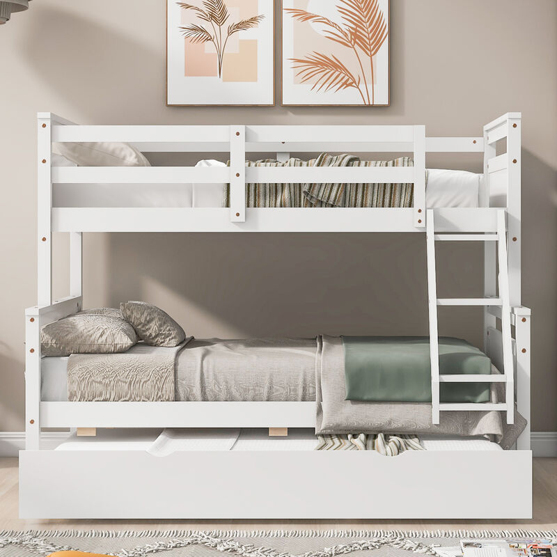 Whisen Twin over Full Bunk Bed with Ladder, Twin Size Trundle, Safety Guardrail - Gray