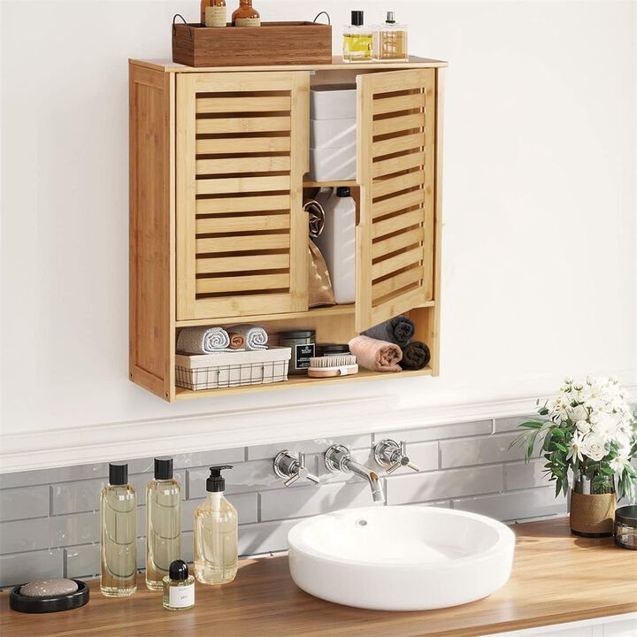 Bamboo Wall Cabinet Medicine Cabinet Storage Organizer Double Doors 3 Tier Shelf