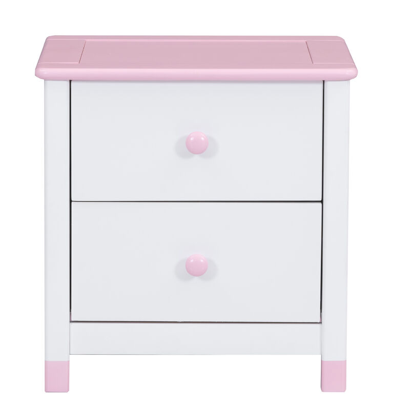 Wooden Nightstand with Two Drawers for Kids,End Table for Bedroom,White+Pink image number 1