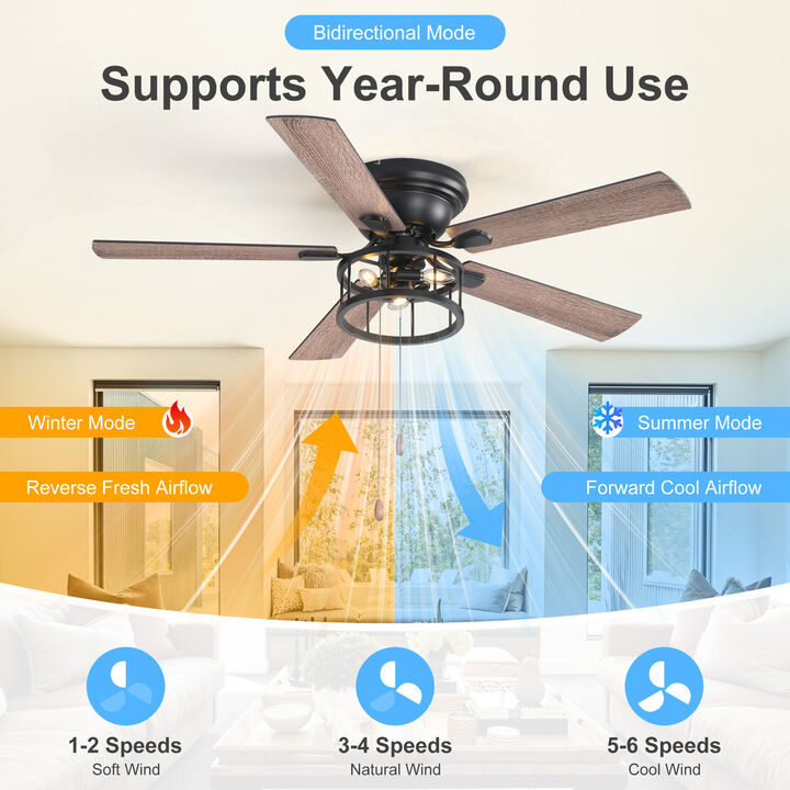 Breezary 52-inch Flush Mount Matte Black Industrial Ceiling Fan with Pull Chain(5-blade)