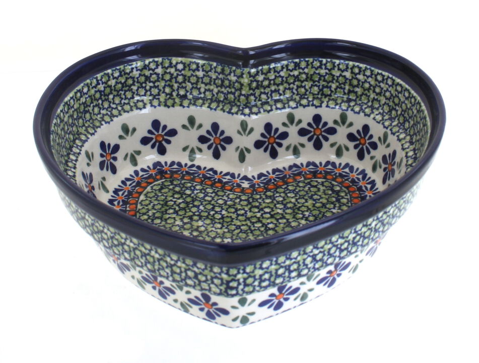 Blue Rose Polish Pottery Flowering Peacock Large Heart Bowl