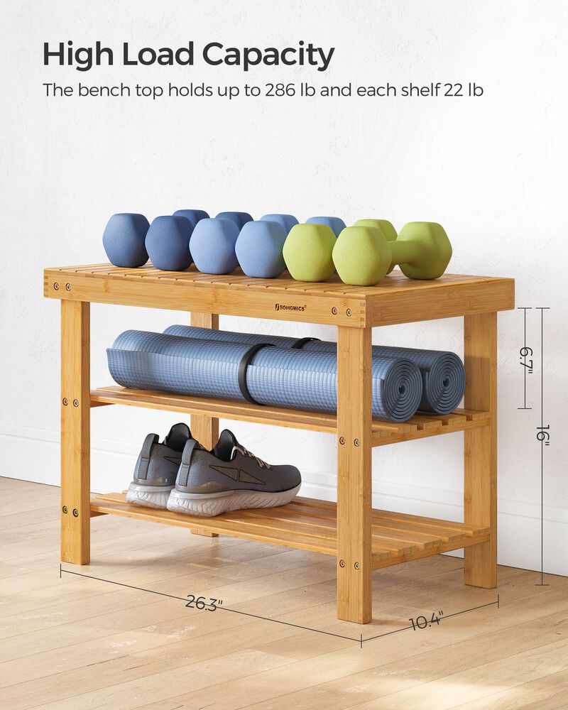 Shoe Bench with 3 Wicker Tiers &ndash; Compact Storage Rack with Seat for Bedroom, Entryway or Closet Use