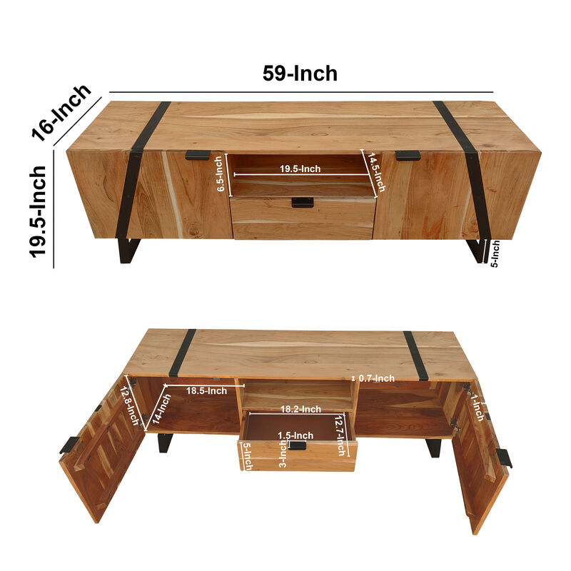 Aza 59 Inch Handcrafted TV Console with Drawer Natural Brown Acacia Wood Cabinet - Benzara