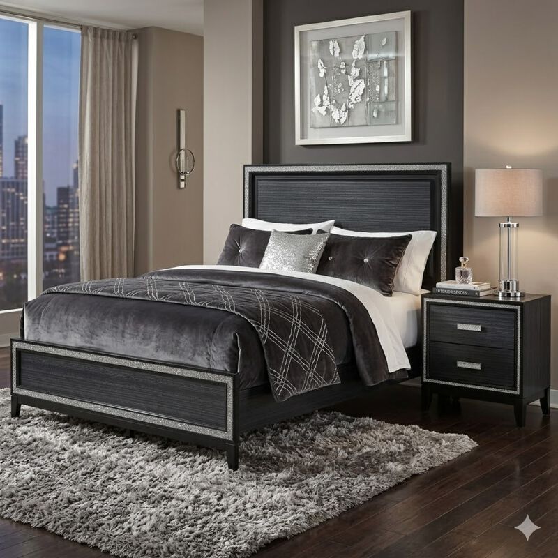Queen Size Bedroom Set, Black Finish, 2-Piece Set with Bed and Nightstand image number 8