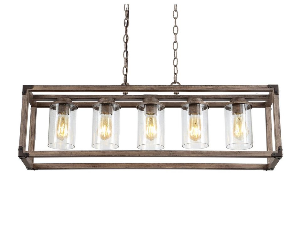 Zeniba 5-Light Linear Adjustable Iron/Seeded Glass Rustic Farmhouse LED Pendant