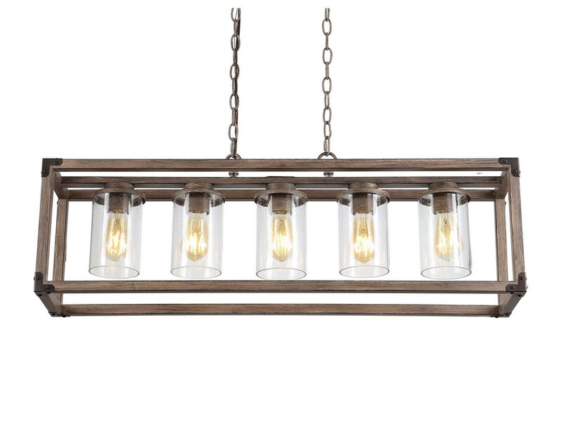 Zeniba 5-Light Linear Adjustable Iron/Seeded Glass Rustic Farmhouse LED Pendant