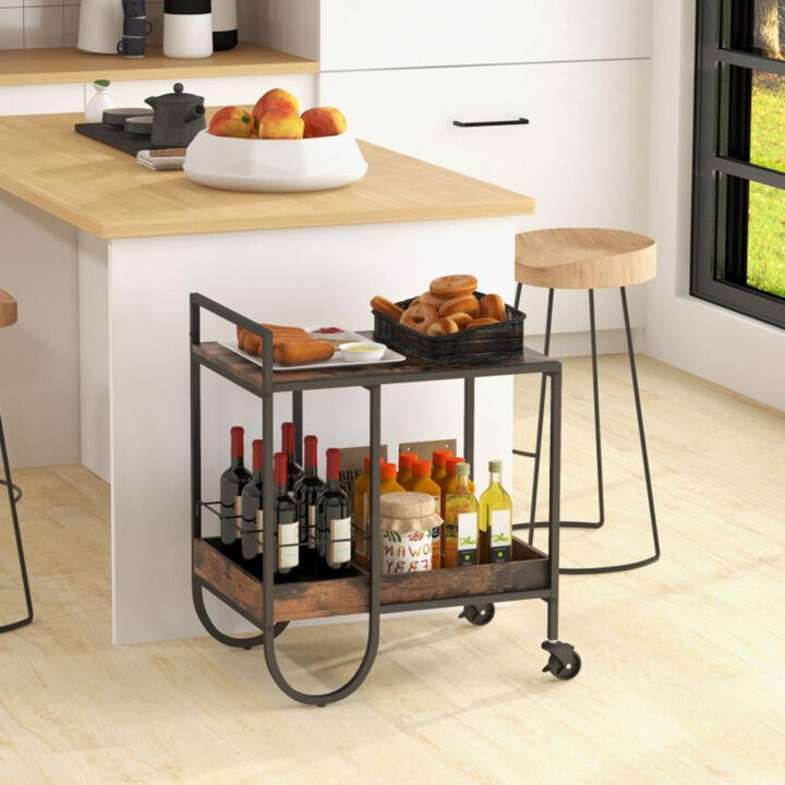 Hivvago Rolling Buffet Serving Cart with Removable Metal Wire Wine Rack-Brown