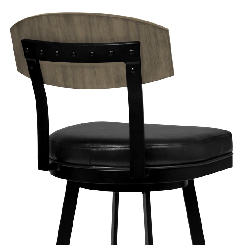 30 Inch Metal and Leatherette Swivel Barstool, Black-Benzara image number 3